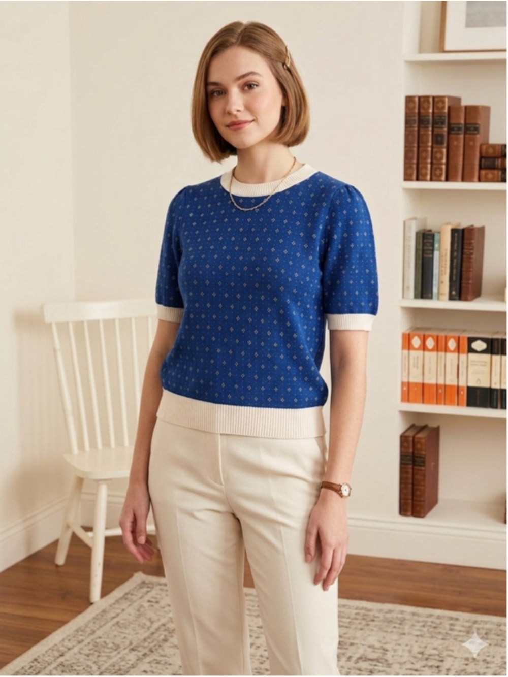 Knit Mix Blue Geometric Cropped Sweater Puff Sleeve French Style Retro Preppy L